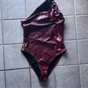 Burgundy Pleather One-Shoulder Bodysuit